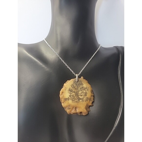 Vintage Tree Pendant Necklace Hand Etched Tree Design on Antler Look Pendant - Picture 4 of 10
